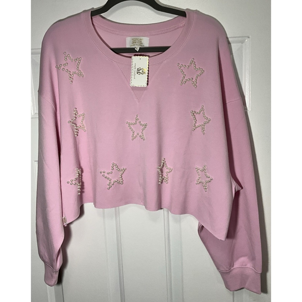 Simply Southern Pearl Embellished Pink Cropped Sweater/Pullover Women's Large